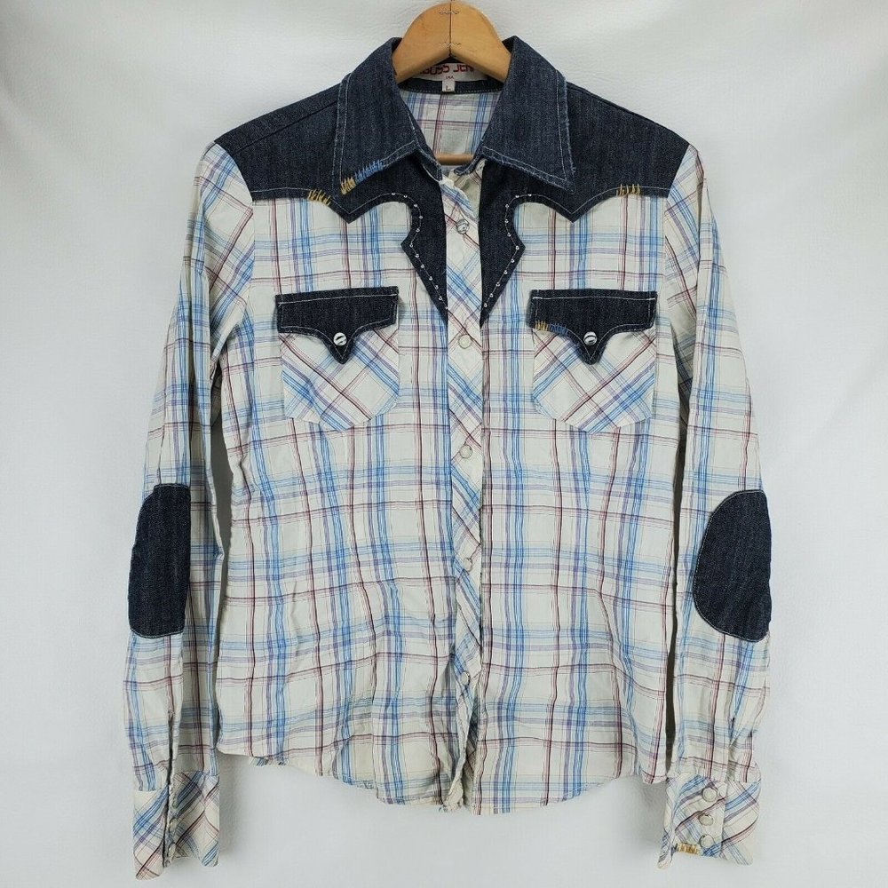 Pastel Pink Blue Plaid Denim & Stud Accents Western Shirt Women's L Vigoss Jeans